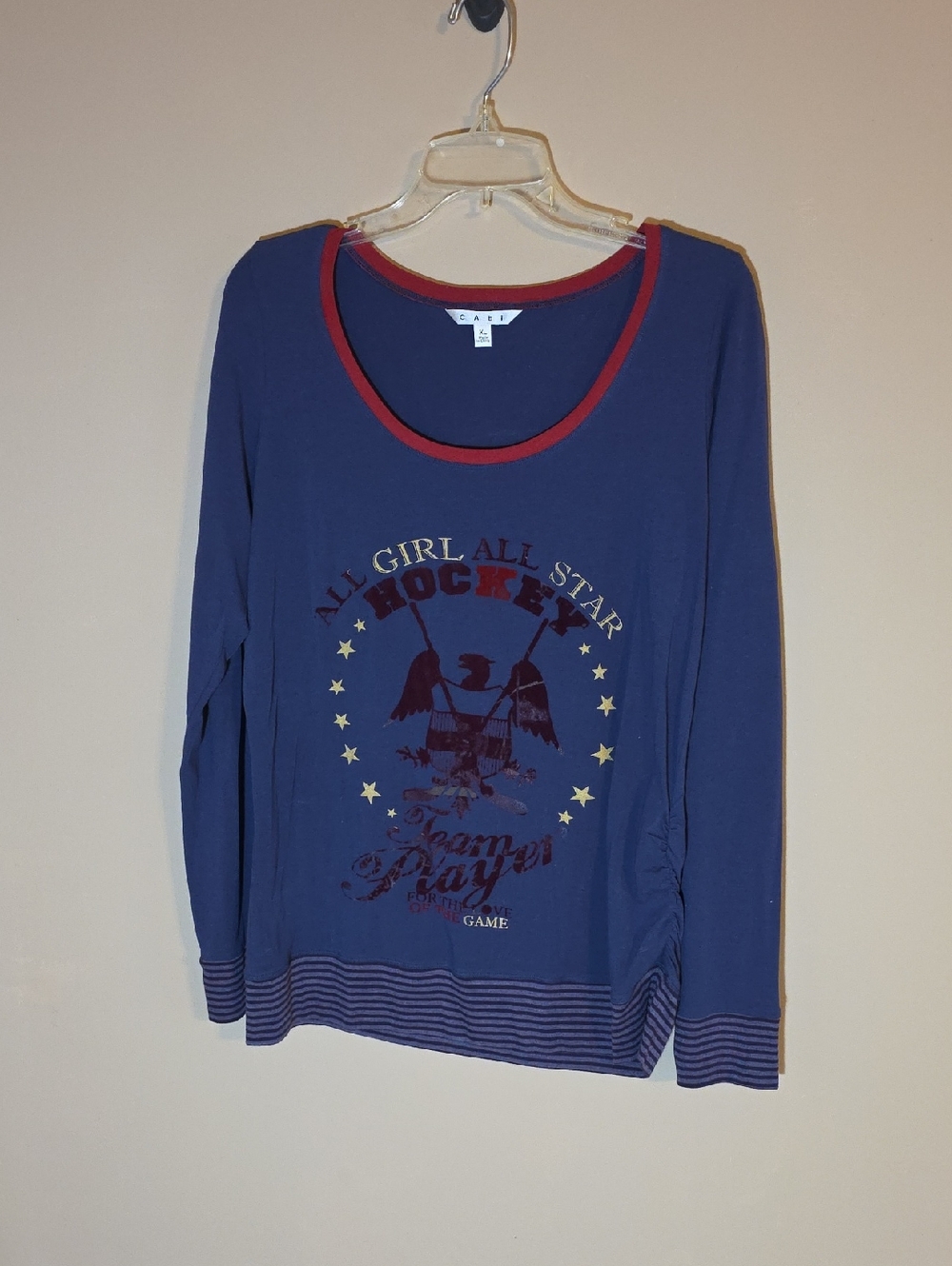 Womens CAbi Long Sleeve Navy Blue Shirt Flocked Letters Striped Hem Size XL